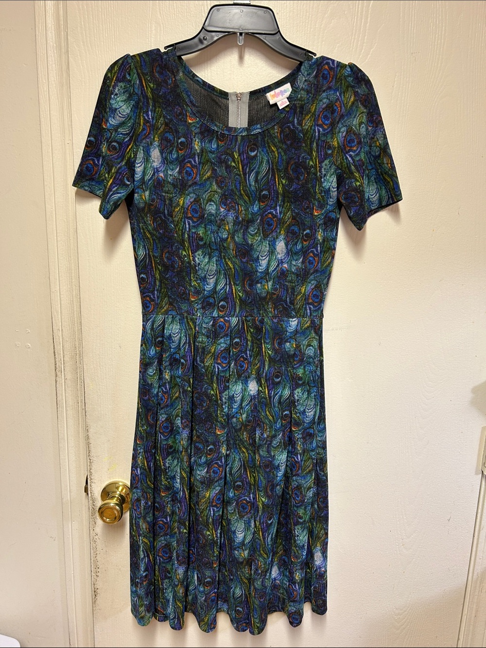 LuLaRoe Peacock Feather Print Midi Dress in Blue, Green & Teal